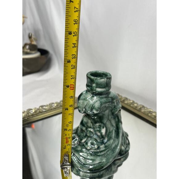 Vintage Pair of Unique Mid century Handmade Green Ceramic Candlestick Holders - Picture 9 of 10